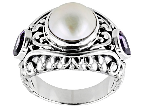 Artisan Collection of Bali™ 10.5-11.5mm White Cultured Mabe Pearl & 1.10ctw Amethyst Silver Ring - Size 12