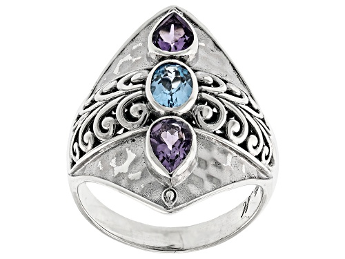 Artisan Collection of Bali™ 0.60ctw Amethyst & 0.42ct Swiss Blue Topaz Sterling Silver 3 Stone Ring - Size 7