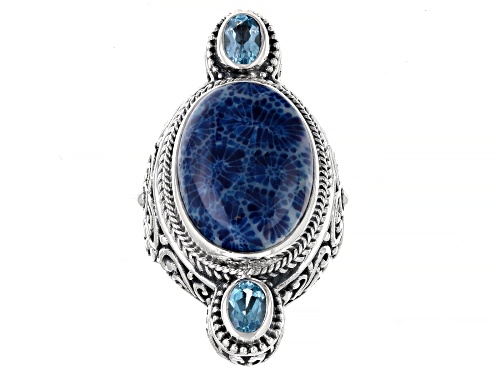 Artisan Collection of Bali™20x15mm Blue Coral & 0.92ctw Swiss Blue Topaz Sterling Silver Ring - Size 7
