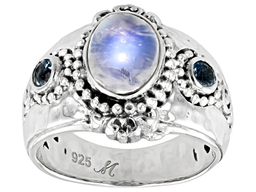 Artisan Collection of Bali™ 9x7mm Rainbow Moonstone & Swiss Blue Topaz Sterling Silver Ring - Size 11
