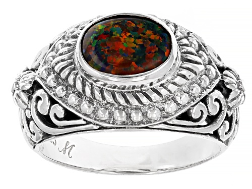 Artisan Collection of Bali™ 9x7mm Lab Created Black Rainbow Opal Sterling Silver Ring - Size 8