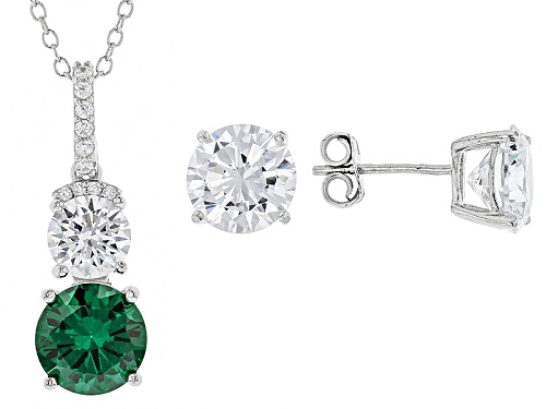 Bella Luce ® 11.80ctw Emerald And White Diamond Simulants Rhodium Over Sterling Jewelry Set
