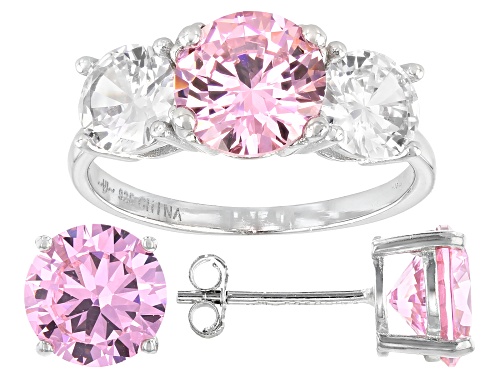 Bella Luce® 11.50ctw Pink And White Diamond Simulants Rhodium Over Silver Ring And Earrings