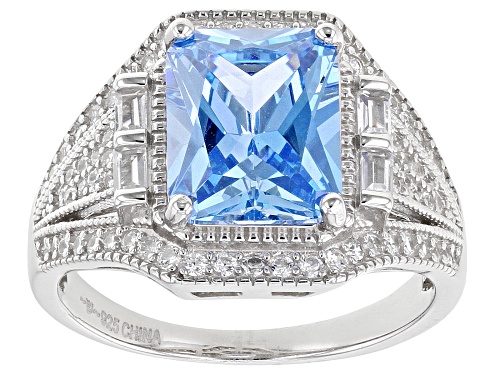 Bella Luce® 6.02ctw Blue And White Diamond Simulants Rhodium Over Silver Ring (4.44ctw DEW) - Size 5