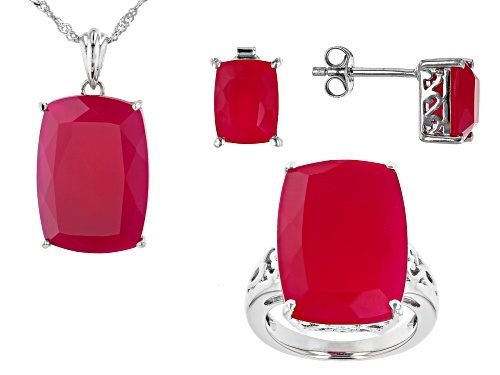 Photo of 20x14mm & 8x6mm Cushion Pink Onyx Rhodium Over Silver Ring, Earrings & Pendant W/Chain Set