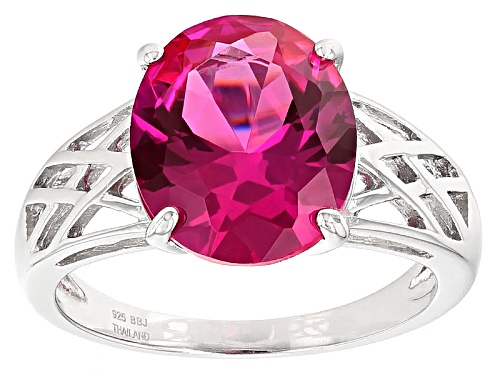 Photo of 5.10ct Oval Lab Created Pink Sapphire Rhodium Over Sterling Silver Solitaire Ring - Size 9