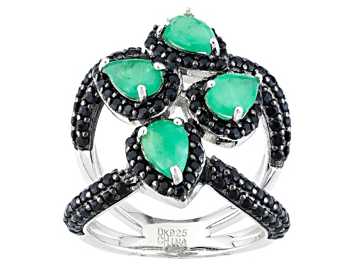 1.40ctw Pear Shape Sakota Emerald And 1.33ctw Round Black Spinel Sterling Silver Ring - Size 5