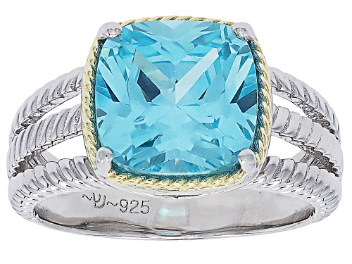 Bella Luce® 6.08ctw Aquamarine Simulant Rhodium Over Sterling Silver And Eterno™ Yellow Ring - Size 8