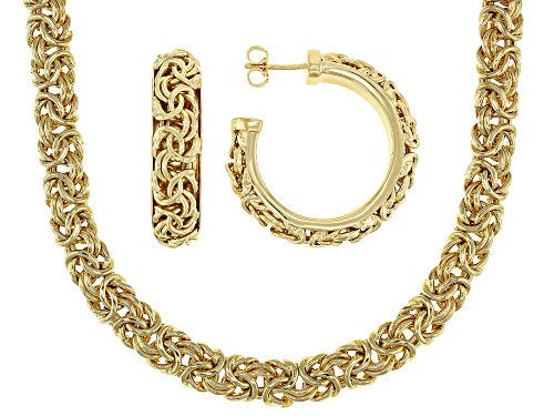Moda Al Massimo® 18k Yellow Gold Over Bronze Byzantine Link 20 Inch Necklace And Hoop Earring Set