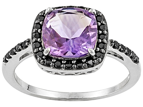 2.10ct Square Cushion Amethyst With .39ctw Round Black Spinel Rhodium Over Sterling Silver Ring - Size 9