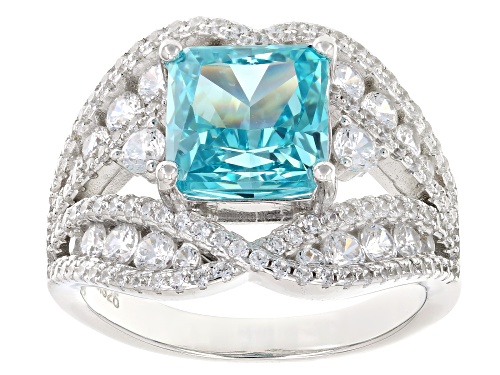 Bella Luce® Esotica™ 7.26ctw Paraiba Tourmaline & White Diamond Simulants Rhodium Over Silver Ring - Size 6