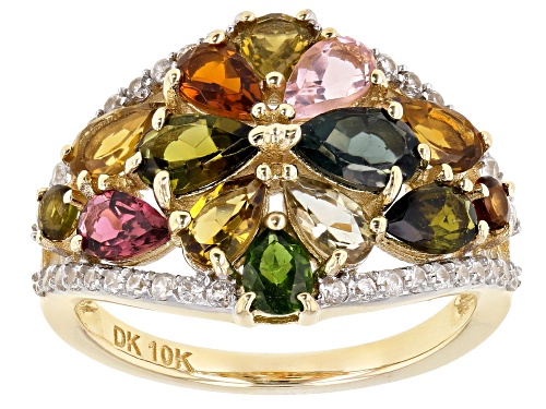 2.39ctw Pear Shape & Round Mixed-Color Tourmaline With .58ctw White Zircon 10k Yellow Gold Ring - Size 7