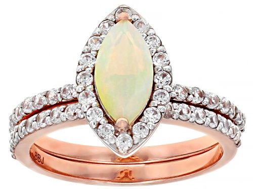 Photo of .60ct Marquise Ethiopian Opal With 1.00ctw Round White Zircon 10k Rose Gold Ring & Band 2-Piece Set - Size 6