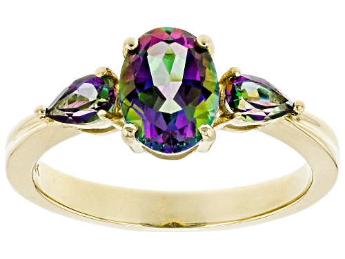 1.82ctw Oval and Pear Shape Mystic Fire® Green Topaz,10k Yellow Gold 3-Stone Ring - Size 7