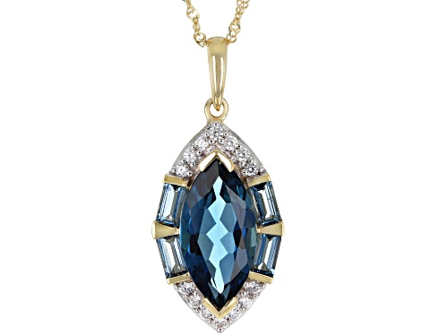 3.19ctw Marquise & Baguette London Blue Topaz With 0.17ctw Zircon 10K Yellow Gold Pendant With Chain