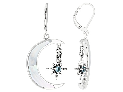 Free-Form Mother-of-Pearl And 0.24ctw Swiss Blue Topaz Sterling Silver Moon And Star Earrings