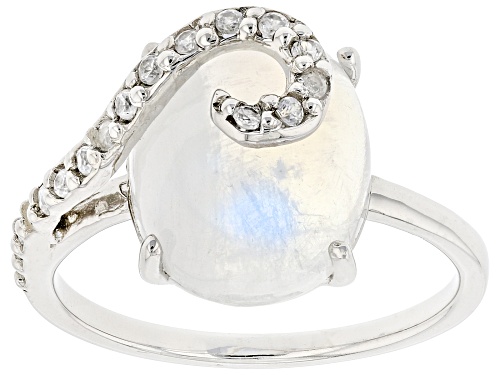 Photo of 12x10mm Oval Rainbow Moonstone And 0.13ctw White Zircon Rhodium Over Sterling Silver Ring - Size 9