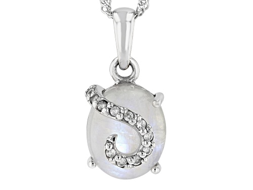 12x10mm Oval Rainbow Moonstone And 0.11ctw White Zircon Rhodium Over Silver Pendant Chain