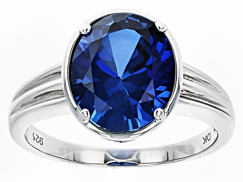 Photo of 3.61ct Oval Lab Created Blue Sapphire Rhodium Over Sterling Silver Solitaire Ring - Size 8