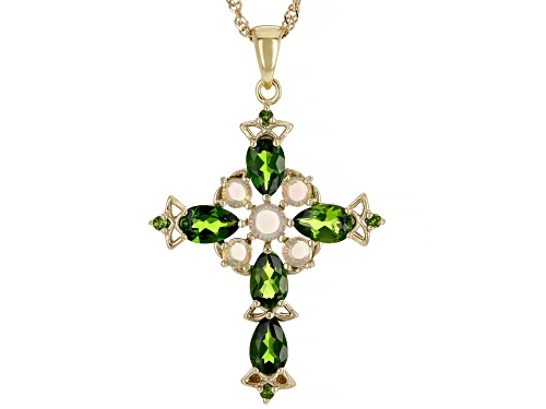 2.03ctw Chrome Diopside And 0.50ctw Ethiopian Opal 18k Yellow Gold Over Silver Cross Pendant Chain