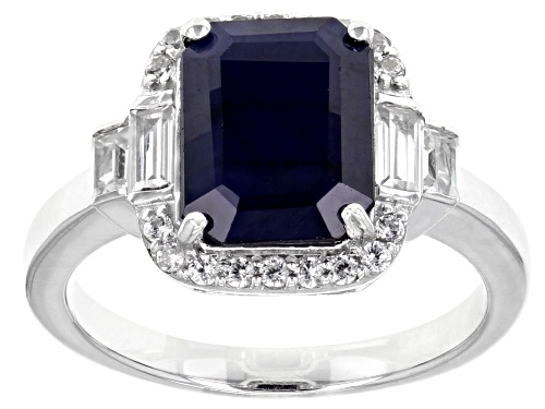 3.23ct Blue Sapphire And 0.67ctw White Zircon Rhodium Over Sterling Silver Ring - Size 9
