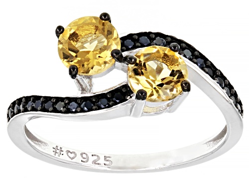 1.14ctw Citrine And 0.22ctw Black Spinel Rhodium Over Sterling Silver Bypass Ring - Size 7