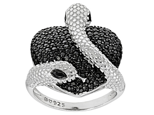 1.13ctw Round And 0.09ctw Marquise Black Spinel Rhodium Over Sterling Silver Snake Ring - Size 7