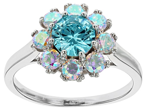 Bella Luce® 2.87ctw Aquamarine And Aurora Borealis Simulants Rhodium Over Silver Flower Ring - Size 9