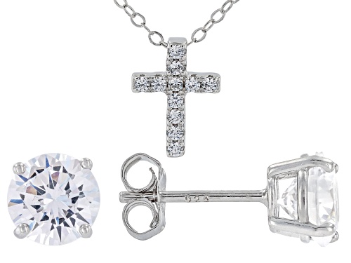 Bella Luce® 1.33ctw White Diamond Simulant Rhodium Over Silver Cross Pendant and Stud Boxed Set