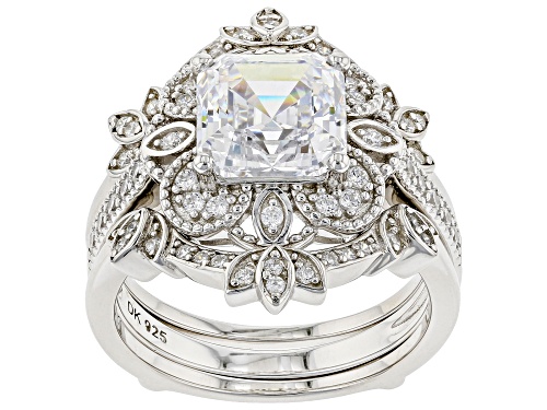 Bella Luce® 4.65ctw White Diamond Simulant Platinum Over Silver Asscher Cut Ring With Guard - Size 7