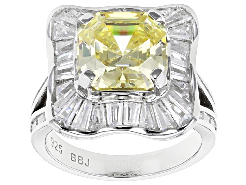 Bella Luce® 11.33ctw Canary And White Diamond Simulants Rhodium Over Silver Asscher Cut Ring - Size 10
