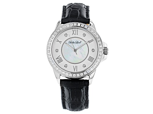 Bella Luce® Ladies 2.44ctw Diamond Simulant Rhodium Over Brass Black Genuine Leather Wrist Watch