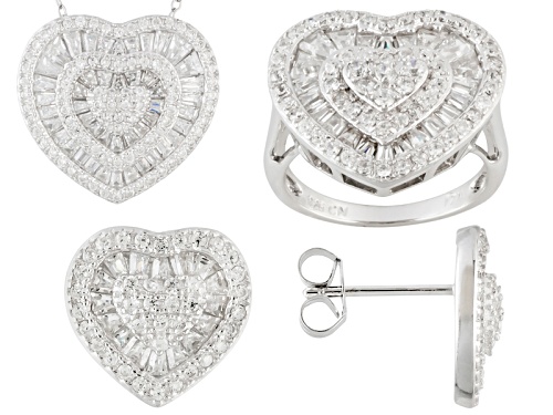 Bella Luce® 4.26ctw Baguette & Round Rhodium Over Silver Heart Earrings, Necklace & Ring Set