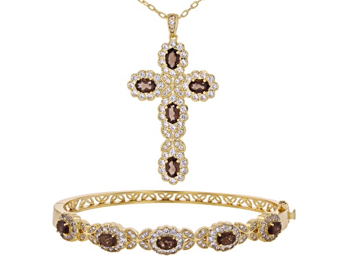 6.34ctw Smoky Quartz with Lab White Sapphire 18k Gold Over Brass Pendant with Chain & Bangle Set