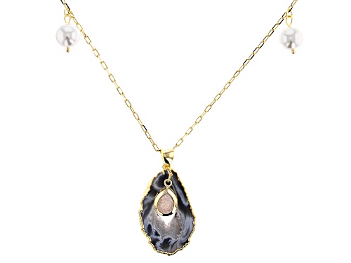 Photo of Artisan Collection of Brazil™ Agate, Drusy Agate, & 6mm Pearl Simulant 18k Gold Over Brass Pendant