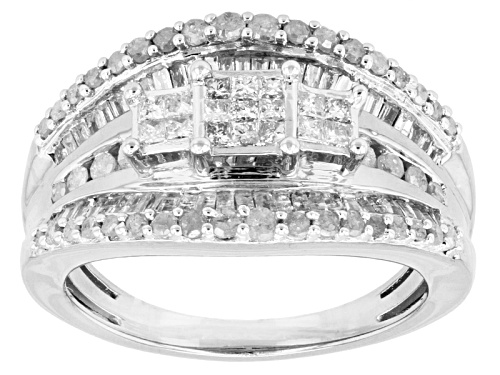 1.00ctw Round, Baguette And Princess Cut Diamonds Rhodium Over Sterling Silver Ring - Size 12