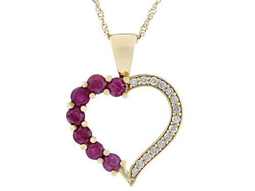 0.83ctw Ruby With 0.14ctw White Diamond 10K Yellow Gold 7-Stone Heart Pendant With Chain