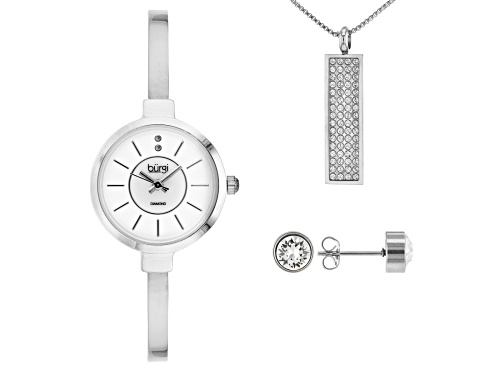 Photo of Burgi™ Diamond Silver Tone Base Metal Bangle Watch, With Crystal Pendant, And Earrings Gift Set