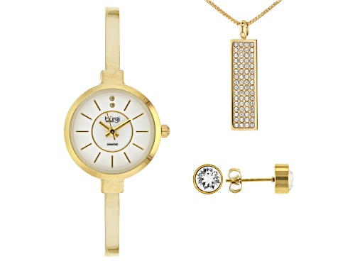 Photo of Burgi™ Diamond Gold Tone Base Metal Bangle Watch, With Crystal Pendant, And Earrings Gift Set