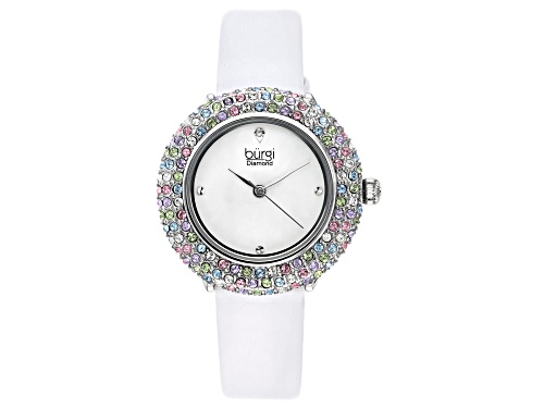 Photo of Burgi™ Diamond Accents & Crystals  White Satin Over Leather Band Watch