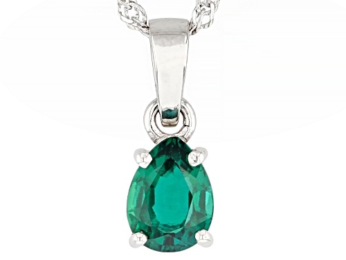 0.87ct Pear Lab Created Emerald Rhodium Over Sterling Silver May Birthstone Pendant With Chain