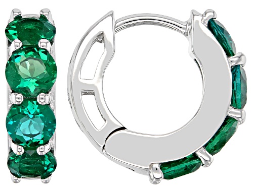 1.63ctw Round Lab Created Emerald Rhodium Over Sterling Silver May Birthstone Huggie Hoop Earrings