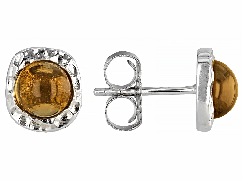 6mm Cabochon Citrine Rhodium Over Sterling Silver November Birthstone Hammered Stud Earrings