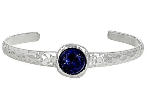 12mm Round Lapis Lazuli Rhodium Over Sterling Silver September Birthstone Hammered Cuff Bracelet - Size 7.5