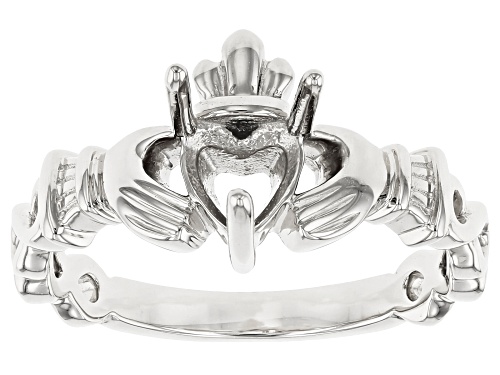 Rhodium Over Sterling Silver 6mm Heart Solitaire Claddagh Semi-Mount Ring