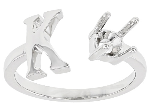 Rhodium Over Sterling Silver 5mm Round Solitaire "K" Initial Cuff Ring