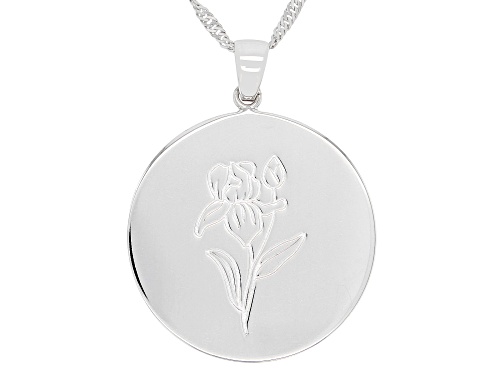 Rhodium Over Sterling Silver Round February Iris Birth Flower Pendant With Chain