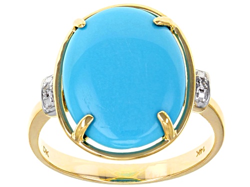 16X12mm Sleeping Beauty Turquoise and  .01ctw Round White 2 Diamond accent 14k Yellow Gold Ring - Size 6