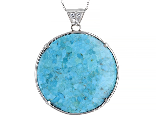 Photo of 40mm Turquoise & Abalone Shell w/ .81ctw Sky Blue & White Topaz Rhodium Over Silver Pendant W/Chain
