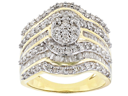 1.75ctw Round and Baguette White Diamond 10k Yellow Gold Ring - Size 7